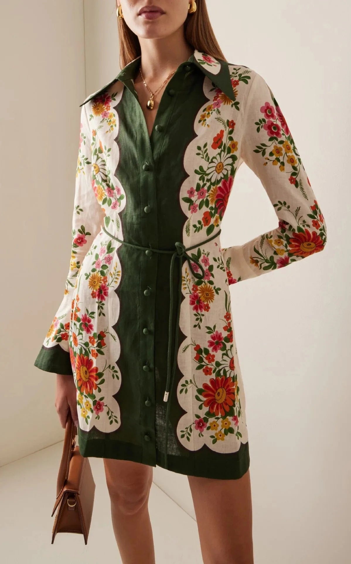 2024 European and American Spring and Summer new linen Long sleeve Plant Printing lace-up Lapel Women's dress