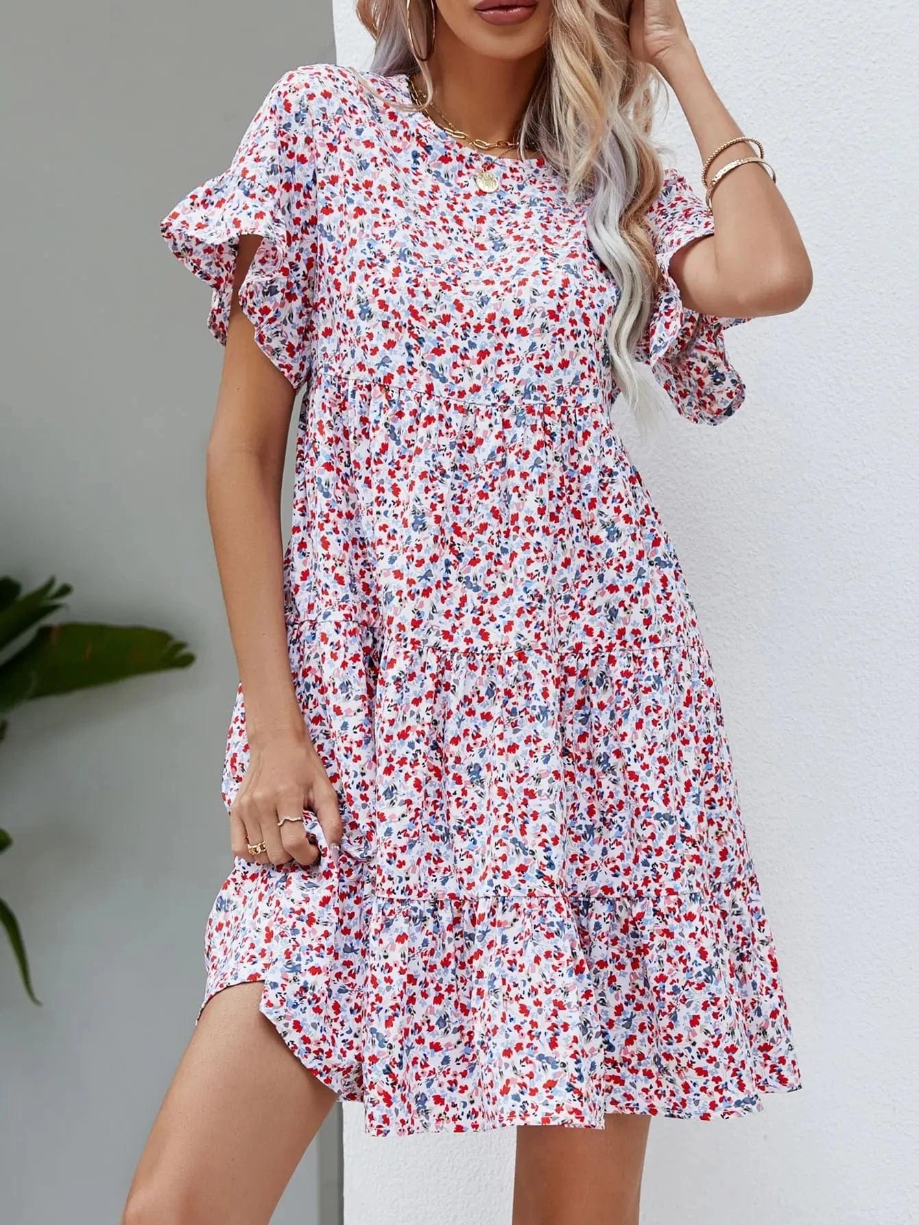 2024 European and American  summer new leopard print floral crew-neck casual loose women's dress