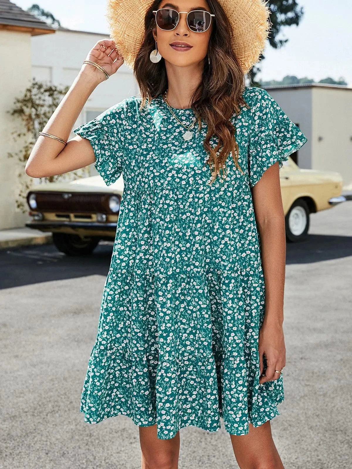 2024 European and American  summer new leopard print floral crew-neck casual loose women's dress