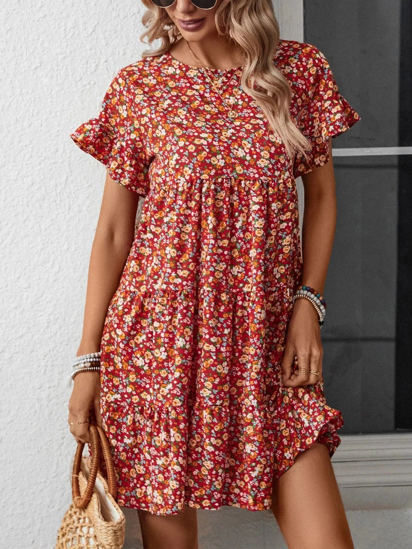 2024 European and American  summer new leopard print floral crew-neck casual loose women's dress