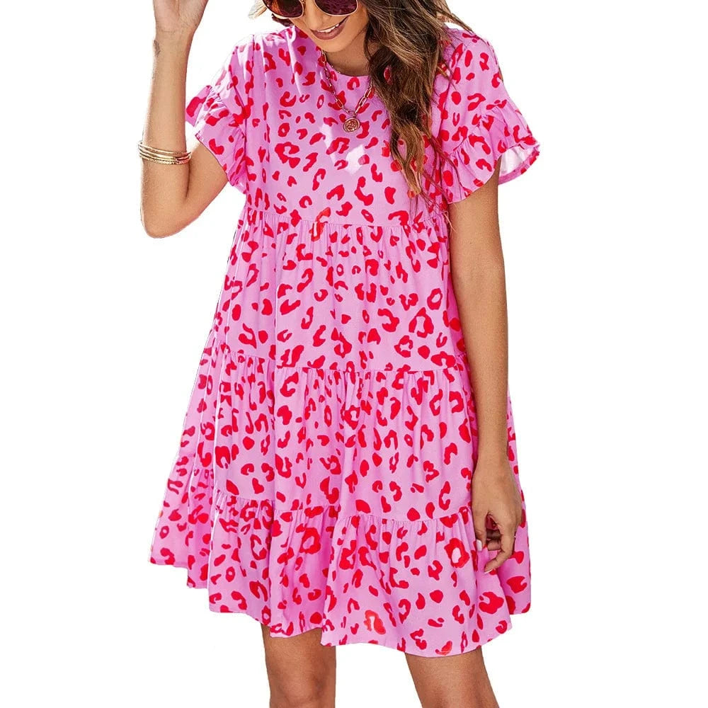 2024 European and American  summer new leopard print floral crew-neck casual loose women's dress