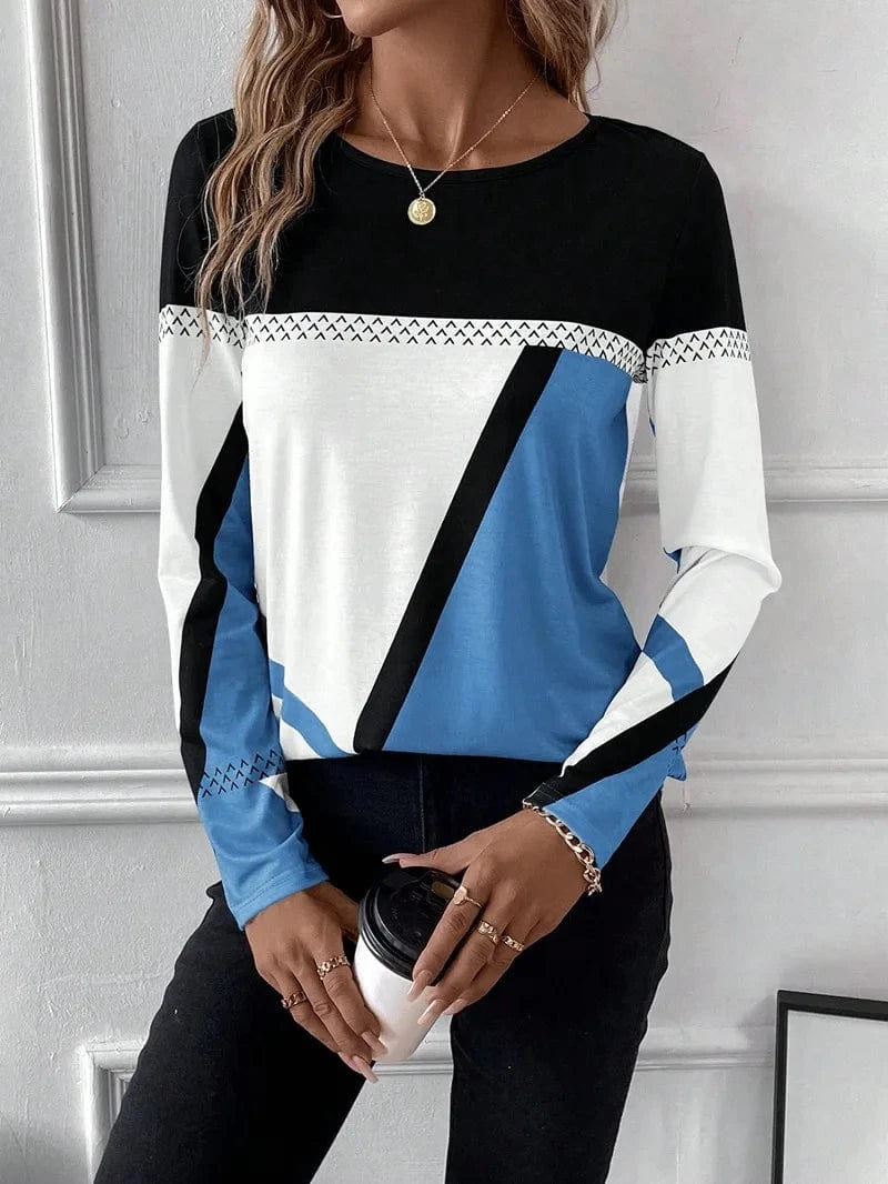 2024 European and American Women's new pullover Round neck Contrast color Stitching geometric Printed top Women's T-shirt