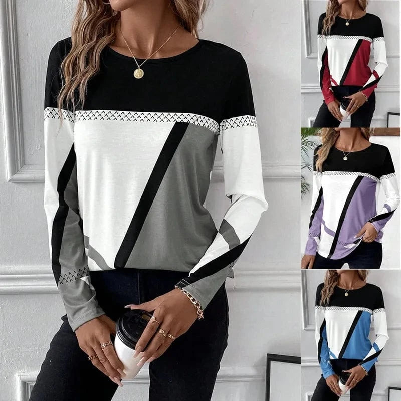 2024 European and American Women's new pullover Round neck Contrast color Stitching geometric Printed top Women's T-shirt