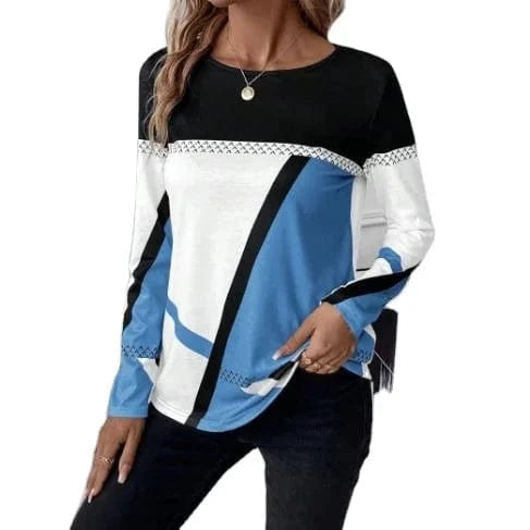 2024 European and American Women's new pullover Round neck Contrast color Stitching geometric Printed top Women's T-shirt
