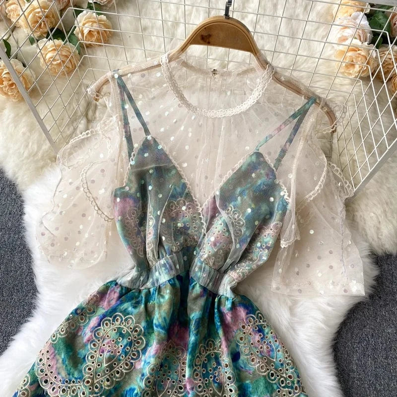 2024 false two pieces of mesh patchwork suspender short dress