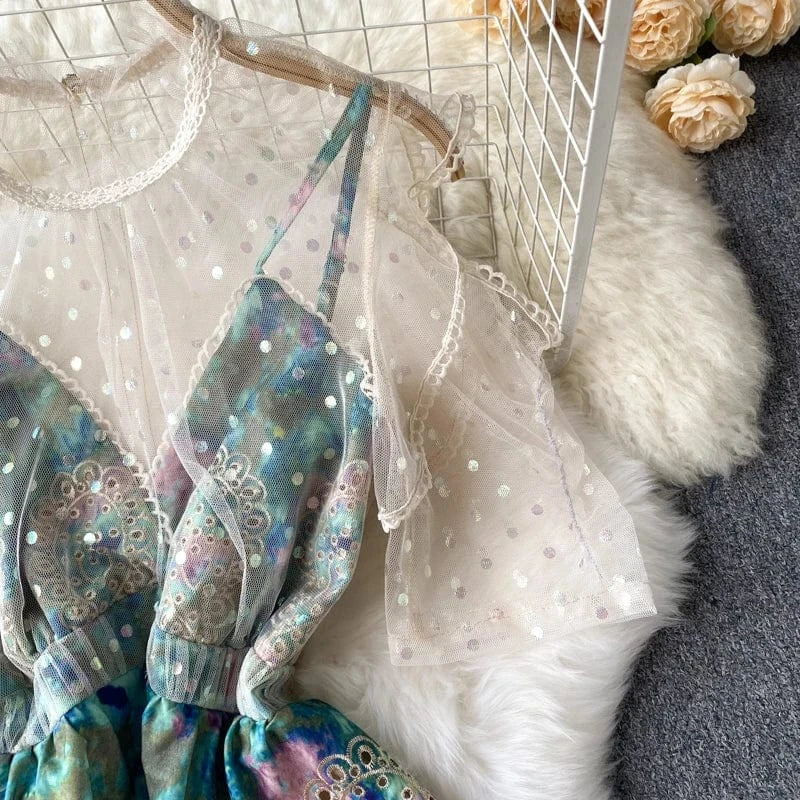 2024 false two pieces of mesh patchwork suspender short dress