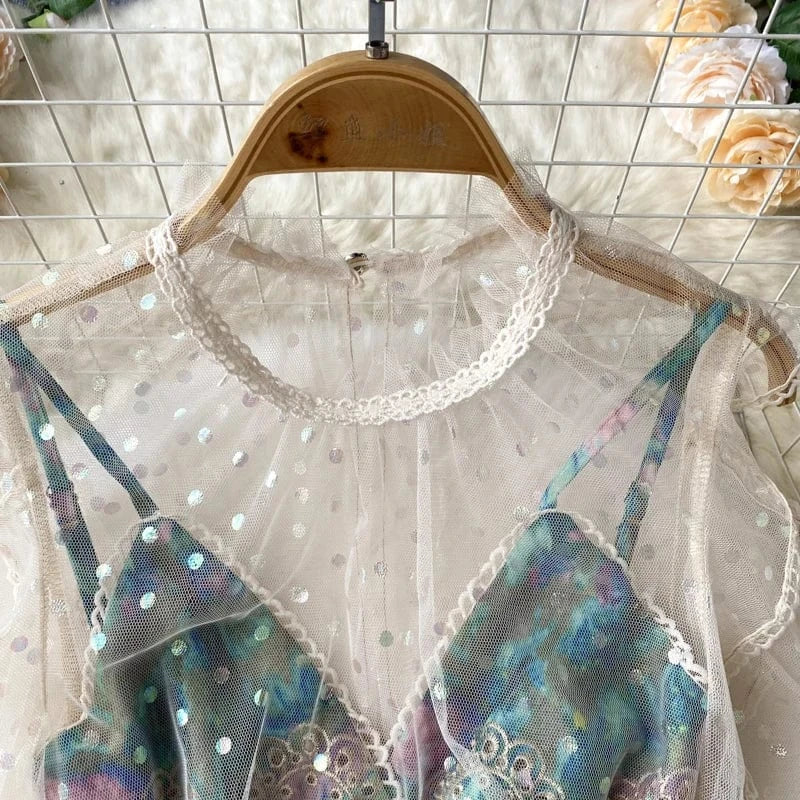 2024 false two pieces of mesh patchwork suspender short dress