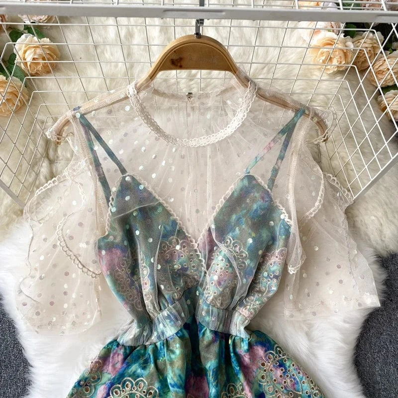 2024 false two pieces of mesh patchwork suspender short dress