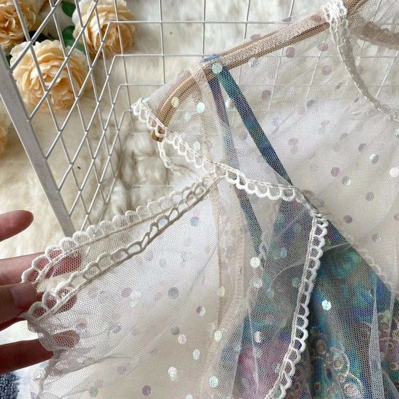 2024 false two pieces of mesh patchwork suspender short dress