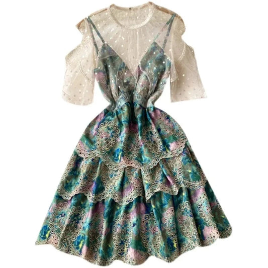 2024 false two pieces of mesh patchwork suspender short dress