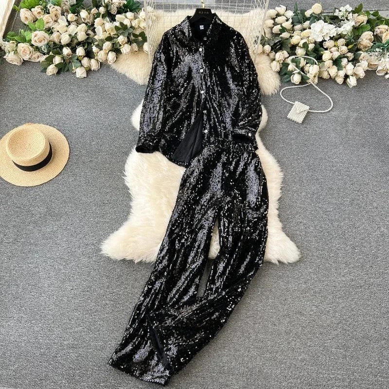 2024 fashionable sequin sparkling set for women with loose long sleeved shirt+high waisted wide pants