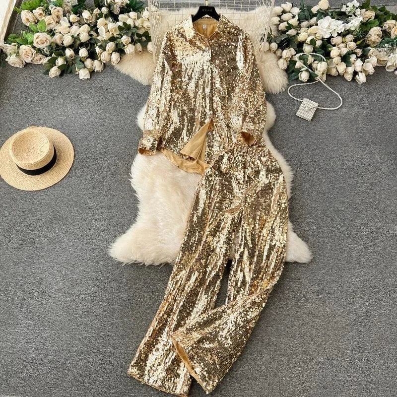 2024 fashionable sequin sparkling set for women with loose long sleeved shirt+high waisted wide pants