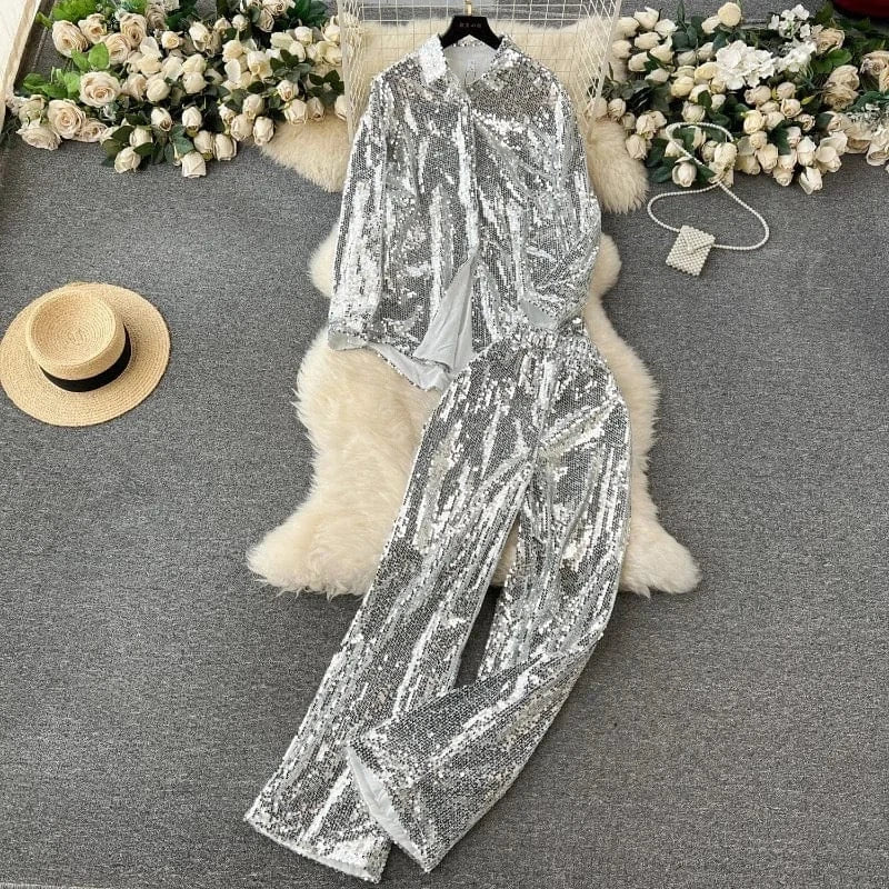 2024 fashionable sequin sparkling set for women with loose long sleeved shirt+high waisted wide pants