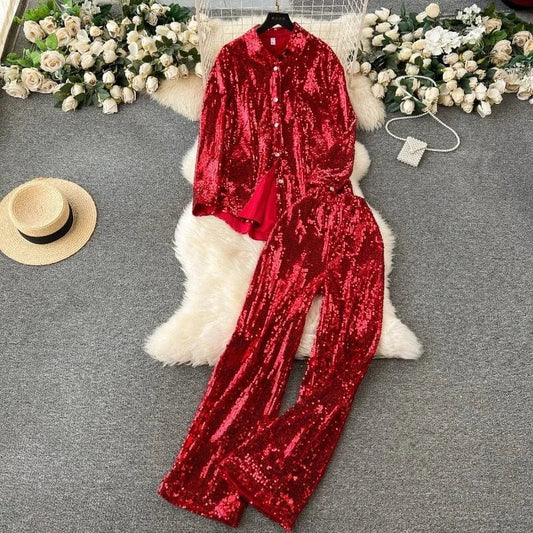 2024 fashionable sequin sparkling set for women with loose long sleeved shirt+high waisted wide pants