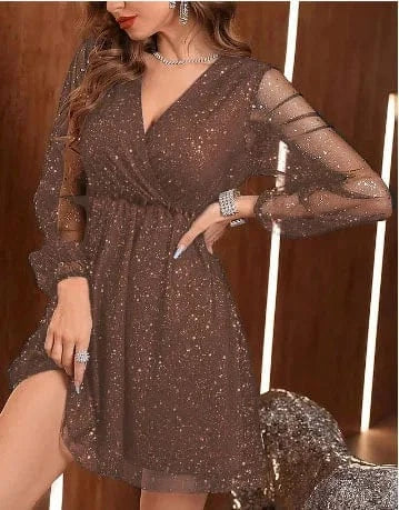 2024 Hot Sale Elegant Dress Gauze Gold Solid Color Cropped Sleeve V-neck Stitching Women's Mid-length Dress