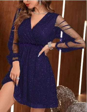 2024 Hot Sale Elegant Dress Gauze Gold Solid Color Cropped Sleeve V-neck Stitching Women's Mid-length Dress