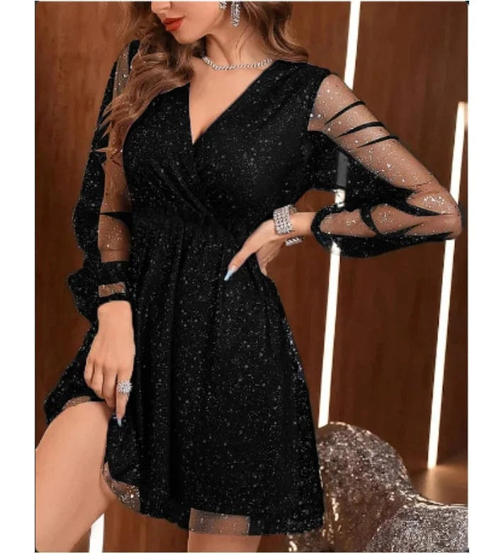 2024 Hot Sale Elegant Dress Gauze Gold Solid Color Cropped Sleeve V-neck Stitching Women's Mid-length Dress