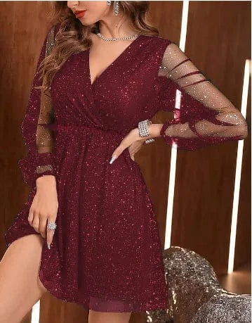 2024 Hot Sale Elegant Dress Gauze Gold Solid Color Cropped Sleeve V-neck Stitching Women's Mid-length Dress