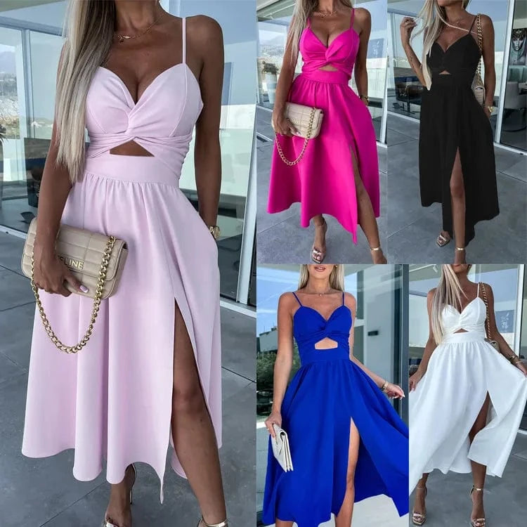 2024 Hot Sale Elegant Dress New Women's Suspender V-neck Large Swing Dress Close-fitting Backless Mid-length Dress