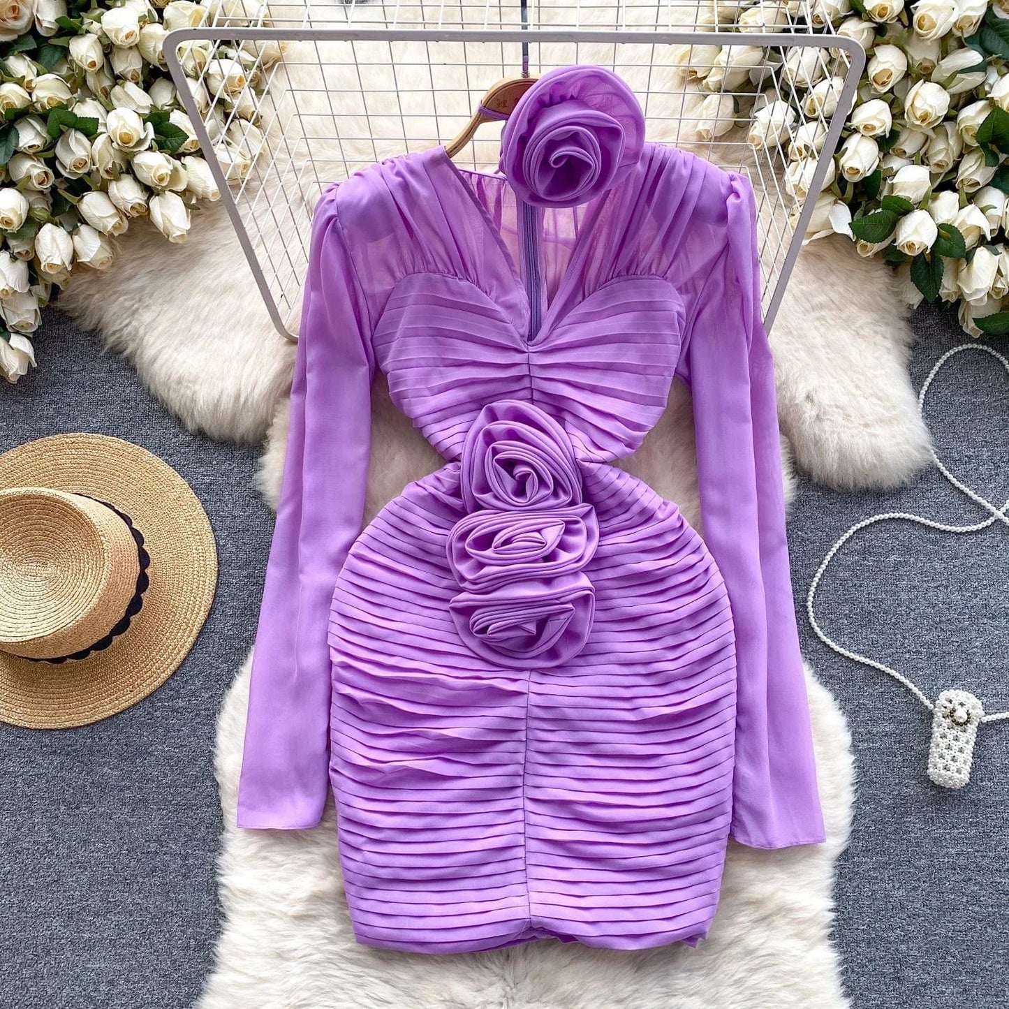 2024 Hot Sale New Long Sleeve Pleated Mini Short Temperament Romantic Sexy Pink Bodycon Beautiful Evening Dress