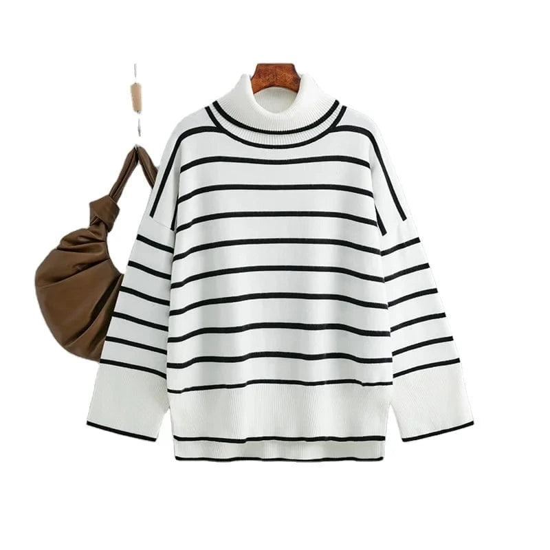 2024 Hot Sale Women Sweater Autumn Winter High-neck Knit Pullover Loose Long Sleeve Knitwear Striped Casual Sweater