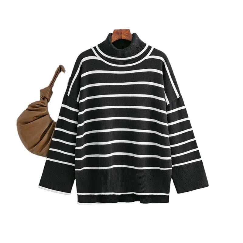 2024 Hot Sale Women Sweater Autumn Winter High-neck Knit Pullover Loose Long Sleeve Knitwear Striped Casual Sweater