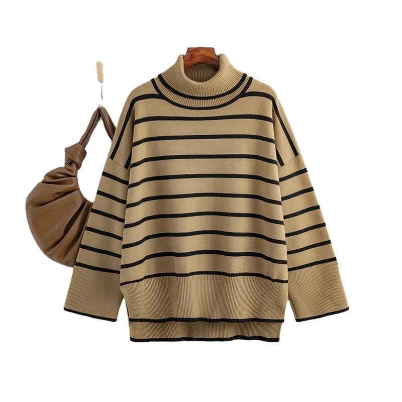 2024 Hot Sale Women Sweater Autumn Winter High-neck Knit Pullover Loose Long Sleeve Knitwear Striped Casual Sweater