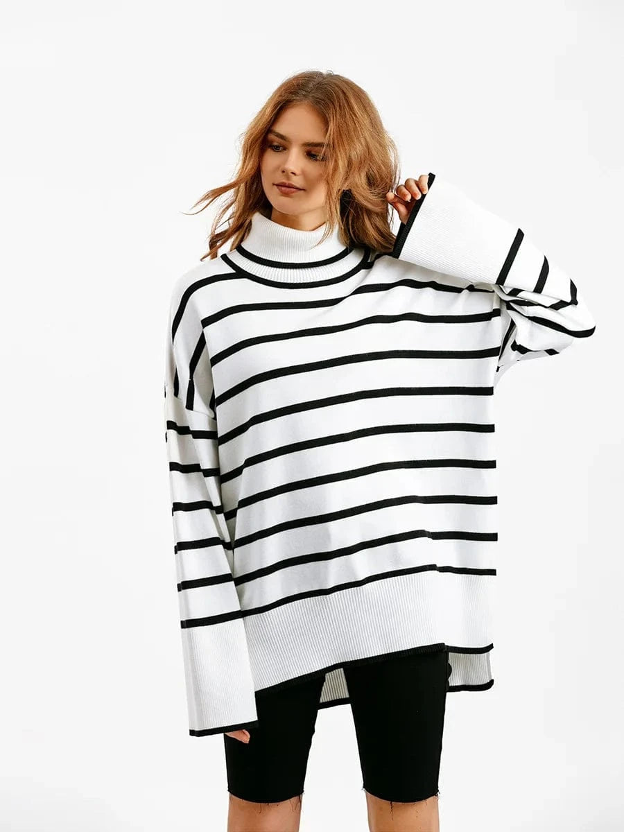 2024 Hot Sale Women Sweater Autumn Winter High-neck Knit Pullover Loose Long Sleeve Knitwear Striped Casual Sweater