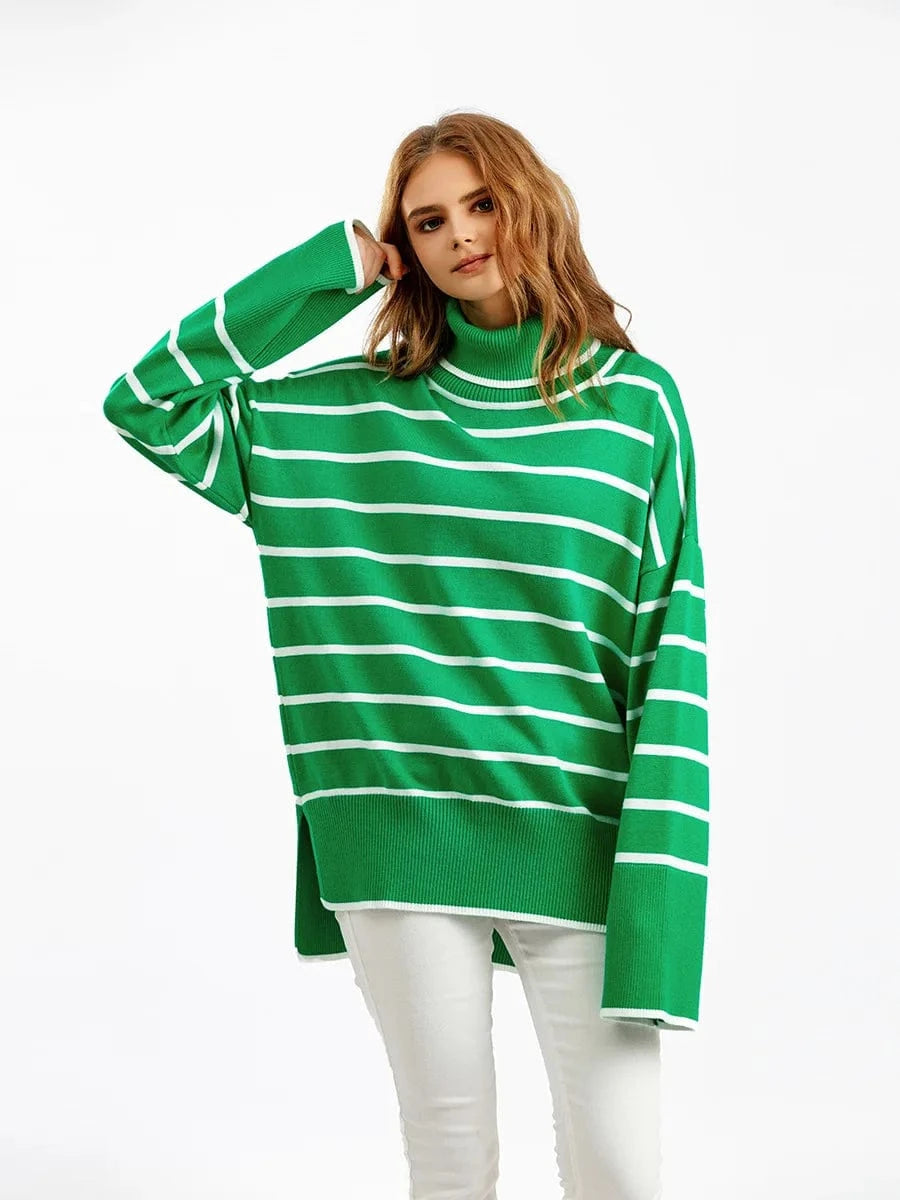 2024 Hot Sale Women Sweater Autumn Winter High-neck Knit Pullover Loose Long Sleeve Knitwear Striped Casual Sweater