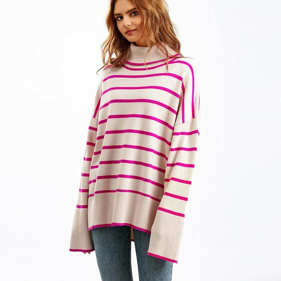 2024 Hot Sale Women Sweater Autumn Winter High-neck Knit Pullover Loose Long Sleeve Knitwear Striped Casual Sweater