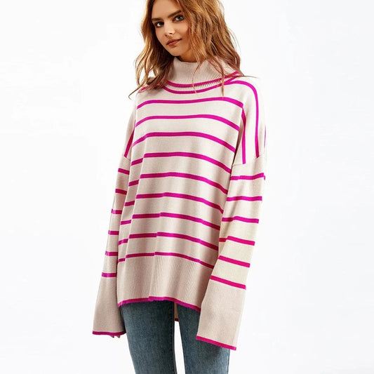 2024 Hot Sale Women Sweater Autumn Winter High-neck Knit Pullover Loose Long Sleeve Knitwear Striped Casual Sweater