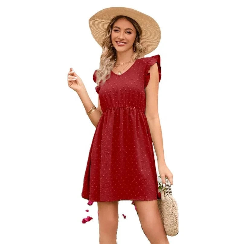 2024 Hot selling new product: Polka dot fungus edge waistband V-neck dress for vacation and leisure women's dress