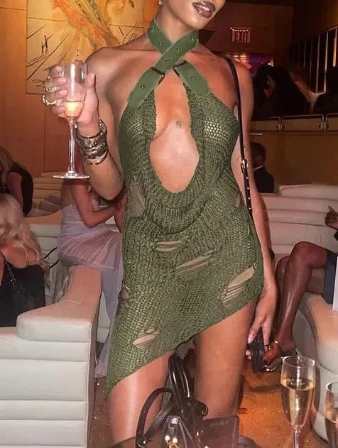 2024 Hot Selling Sexy Halter Sleeveless Ripped Dress Women Slim Fit Hole Dress Crochet Backless Mini Dress