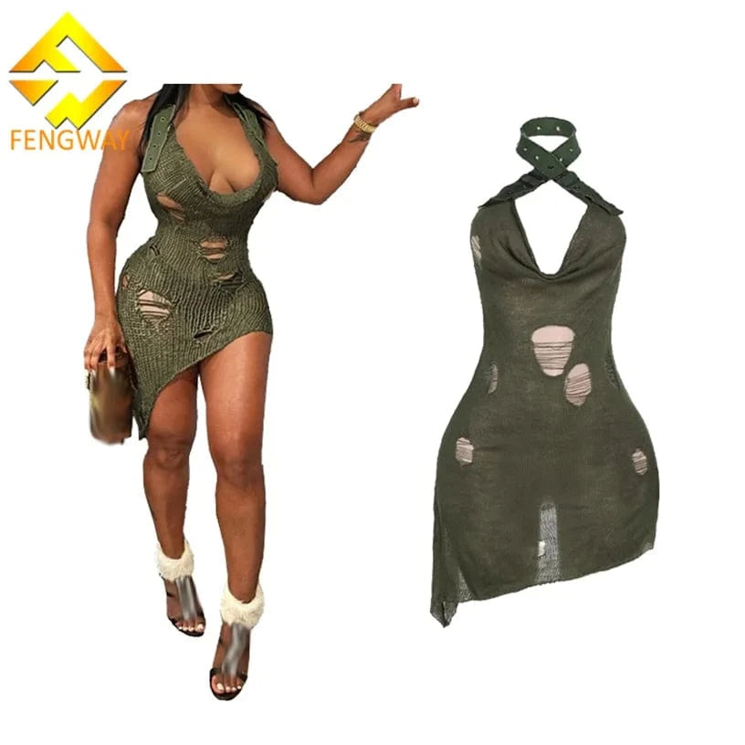 2024 Hot Selling Sexy Halter Sleeveless Ripped Dress Women Slim Fit Hole Dress Crochet Backless Mini Dress