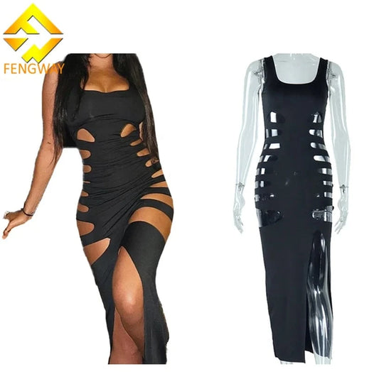 2024 Hot Selling Sexy Hollow Out Bodycon Dress U Collar Sleeveless Dress Nightclub Women Split Long Dresses