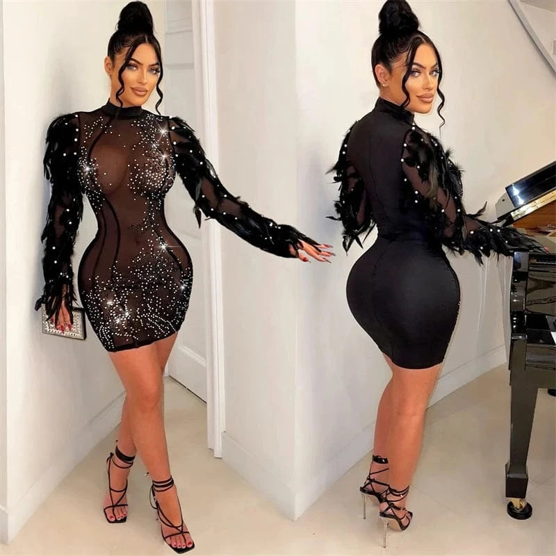 2024 hot sexy luxury women elegant black exaggerated feather pearls rhinestone beaded mesh sheer see through evening gown dress