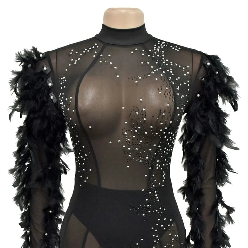 2024 hot sexy luxury women elegant black exaggerated feather pearls rhinestone beaded mesh sheer see through evening gown dress