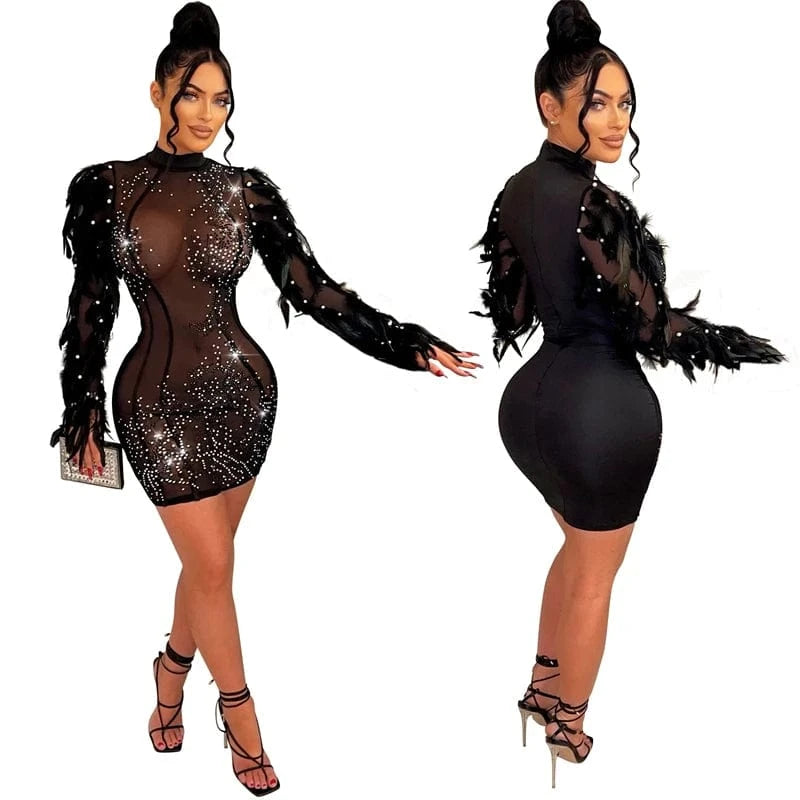 2024 hot sexy luxury women elegant black exaggerated feather pearls rhinestone beaded mesh sheer see through evening gown dress