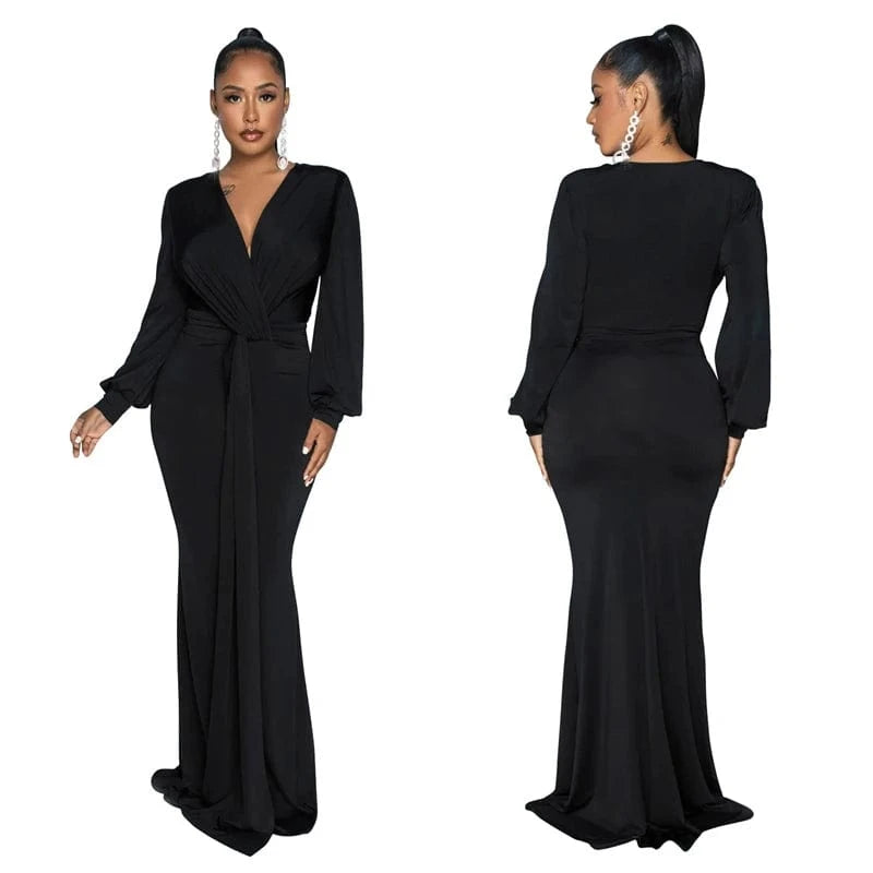 2024 latex women bandage black gowns evening dress formal elegant long sleeve deep v neck maxi evening dress with long sleeves