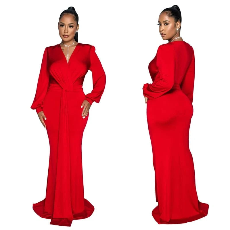 2024 latex women bandage black gowns evening dress formal elegant long sleeve deep v neck maxi evening dress with long sleeves