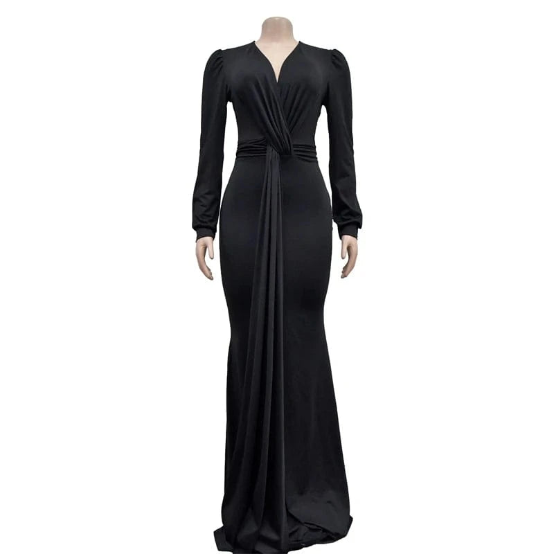 2024 latex women bandage black gowns evening dress formal elegant long sleeve deep v neck maxi evening dress with long sleeves