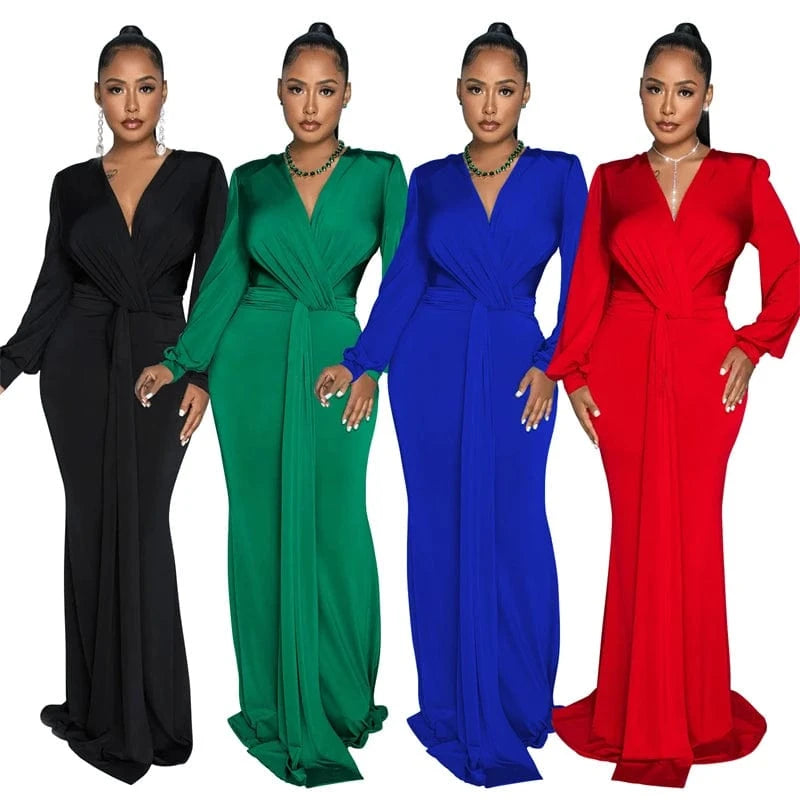 2024 latex women bandage black gowns evening dress formal elegant long sleeve deep v neck maxi evening dress with long sleeves