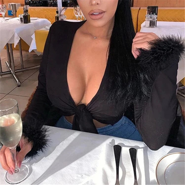 2024 Long Sleeve Fur V-neck Wrapped Bandage Sexy Crop Tops Autumn Winter Women T-shirts