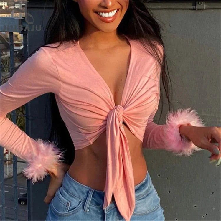2024 Long Sleeve Fur V-neck Wrapped Bandage Sexy Crop Tops Autumn Winter Women T-shirts