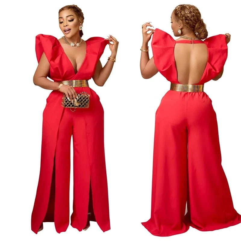2024 luxury formal women puff shoulder deep v neck backless sexy long evening dinner gown woman romper jumpsuit dress for women