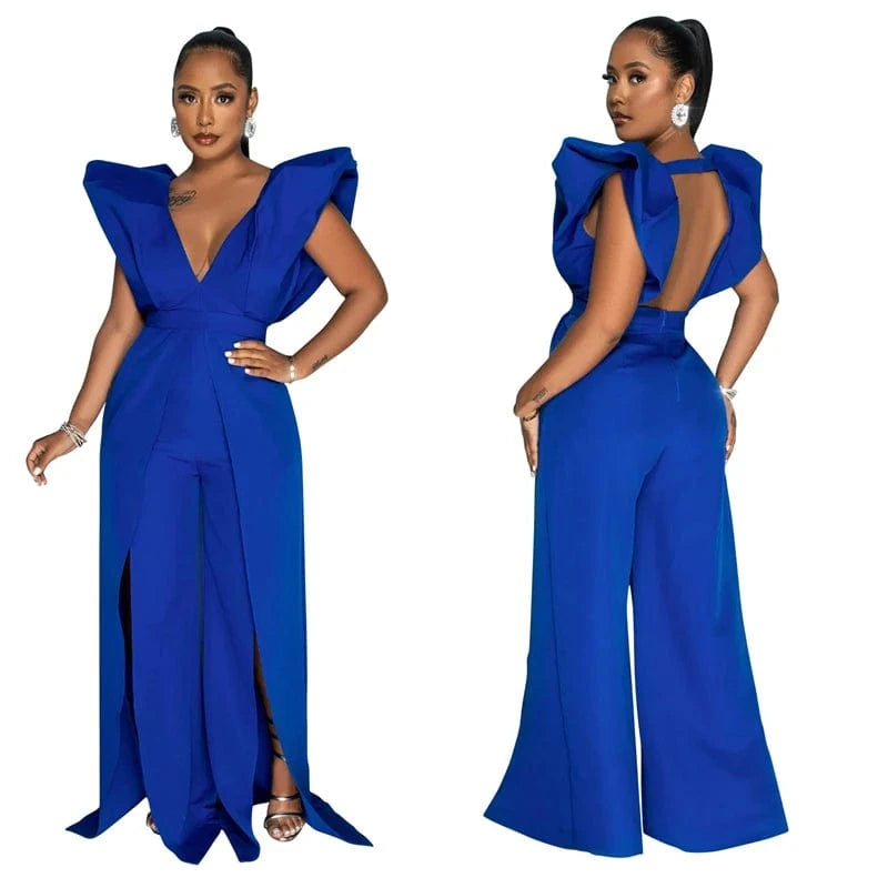 2024 luxury formal women puff shoulder deep v neck backless sexy long evening dinner gown woman romper jumpsuit dress for women