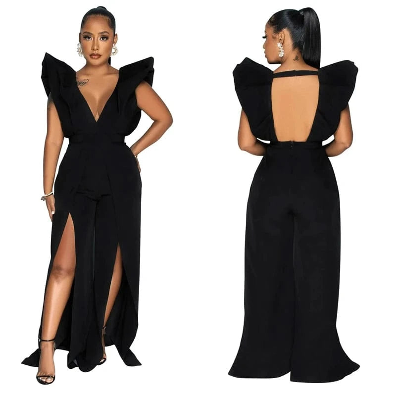 2024 luxury formal women puff shoulder deep v neck backless sexy long evening dinner gown woman romper jumpsuit dress for women