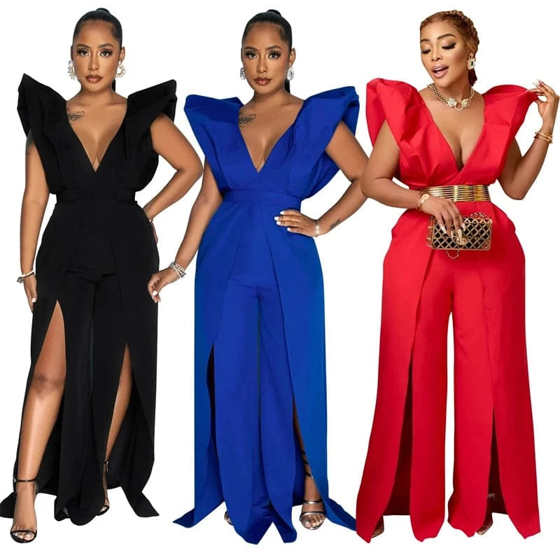 2024 luxury formal women puff shoulder deep v neck backless sexy long evening dinner gown woman romper jumpsuit dress for women
