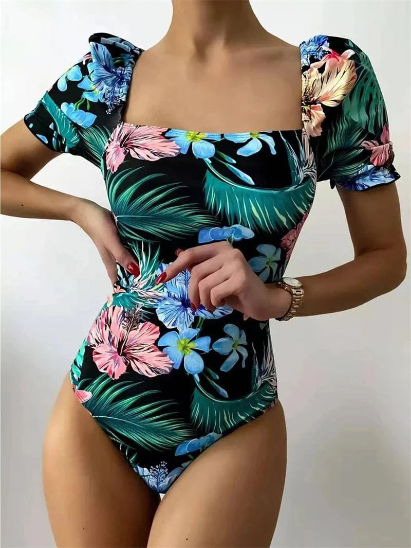 2024 luxury women beach wear floral print hig hcut short sleeve one piece back strip bandage bikini swim suit swimsuit for lady