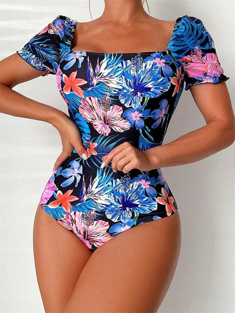 2024 luxury women beach wear floral print hig hcut short sleeve one piece back strip bandage bikini swim suit swimsuit for lady